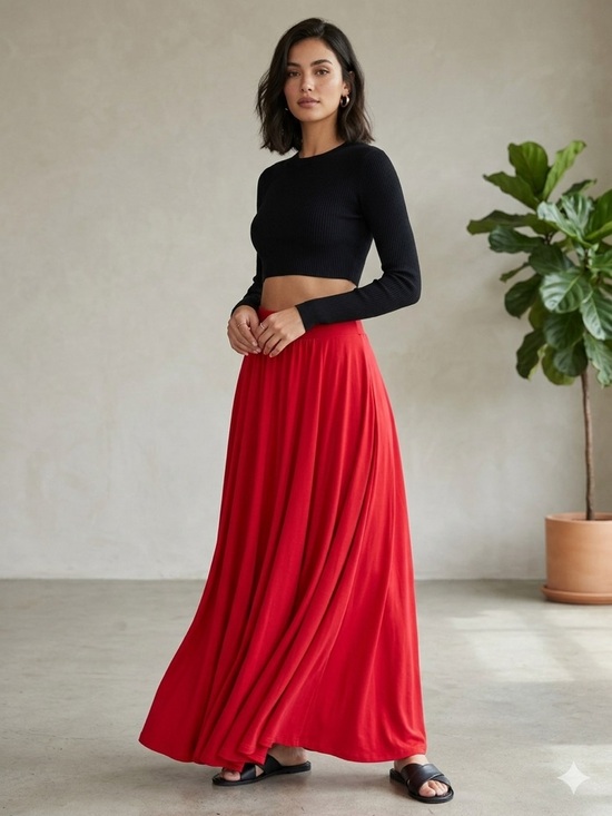 None Dresses & Skirts - Flowing Red Maxi Skirt with Easy Waistband